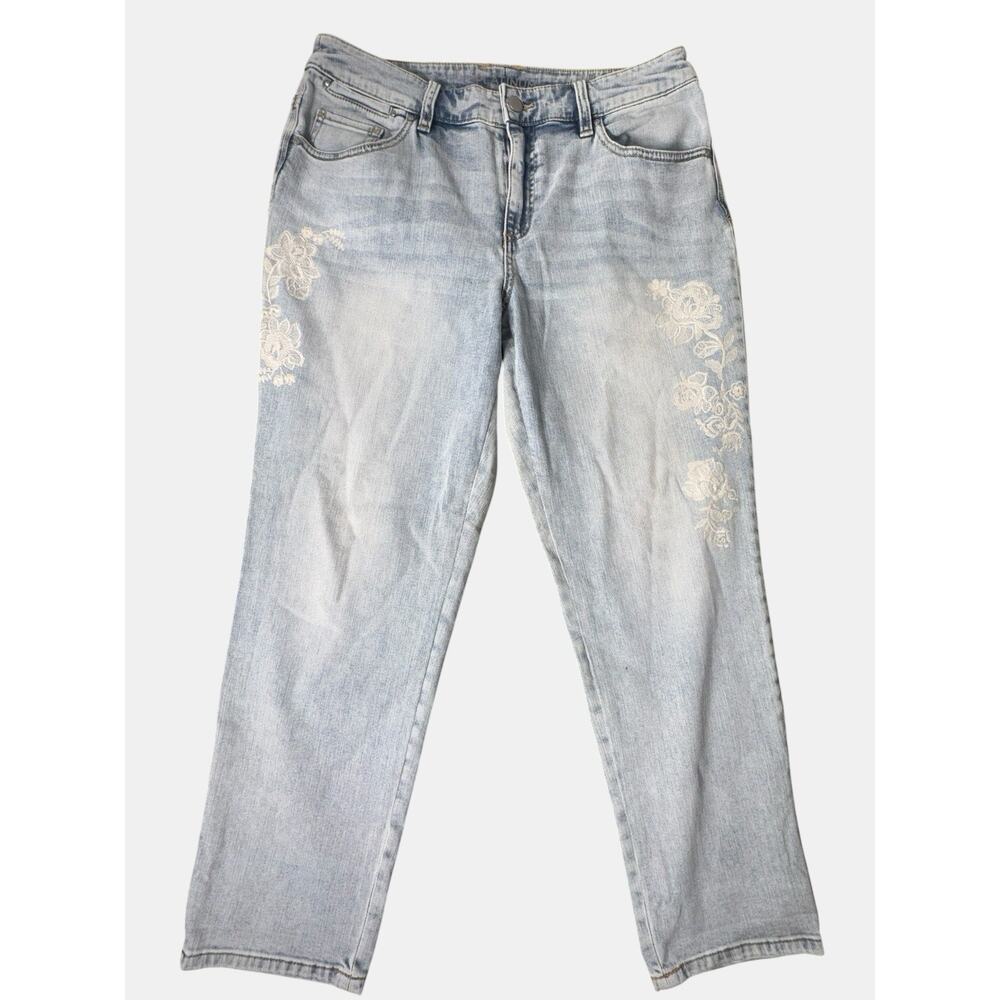 Chico’s Platinum Skimmer Jeans Women’s Size 1 Floral Rhinestone Denim Light Wash - Picture 2 of 9